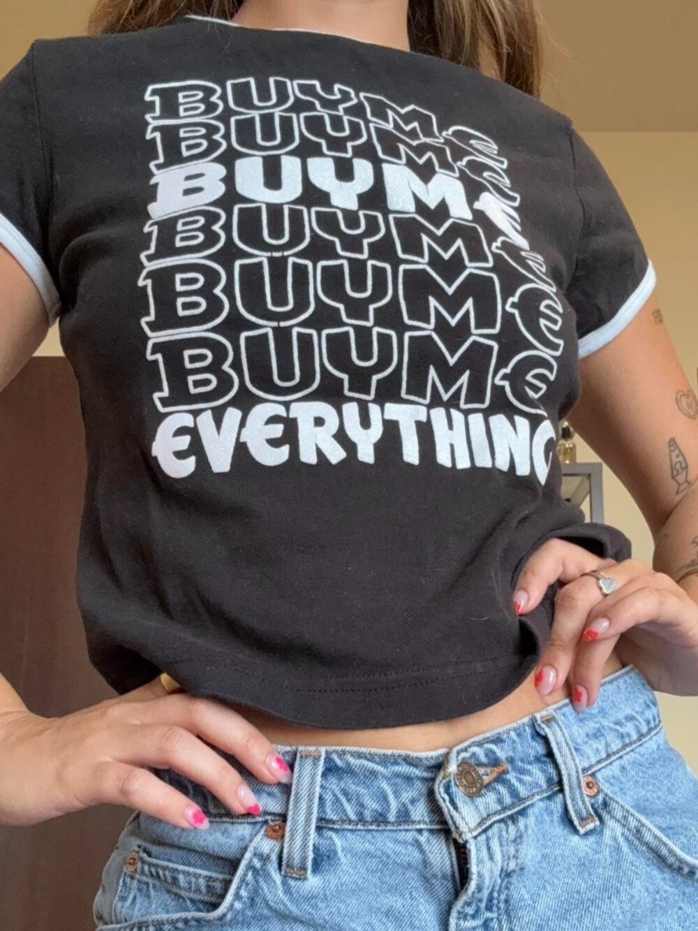 Y2K No Boundaries Brand "Buy Me Everything" graphic baby tee